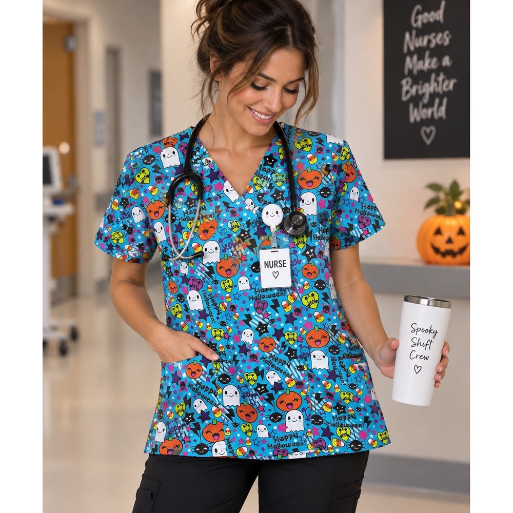 Uniform Advantage Halloween Scrub Top Small Kawaii Ghost Pumpkin Nurse Spooky